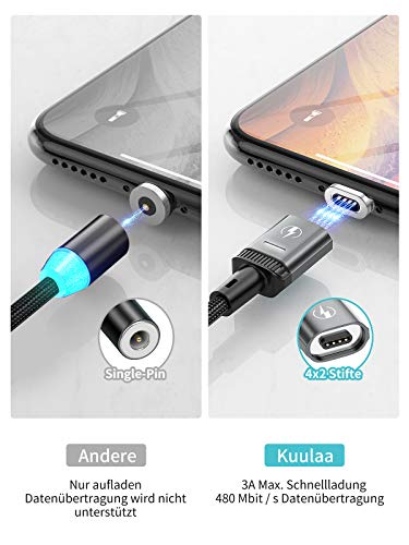 Kuulaa Cable de carga magnético 3 en 1, cable de carga rápida 3 A, trenzado con LED Light Magnetic USB cable de carga para micro USB, dispositivos tipo C e iProducts (gris, 1 m + 1 m)