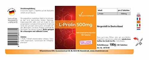 L Prolina 500mg – ¡Bote para 3 MESES! – altamente dosificada – sin estearato de magnesio – 180 comprimidos de prolina