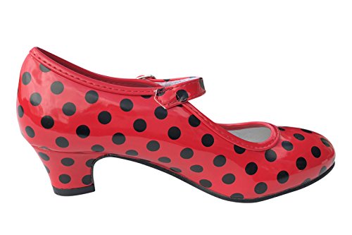 LA SEÑORITA Zapatos de Flamenco para Niña y Mujer [Talla 24 a 42]. Zapatos de Tacón para Sevillanas y Clases de Baile. Suela de Goma & Gran Sujeción. Zapatos de Gitana Rojos con Lunares Negros