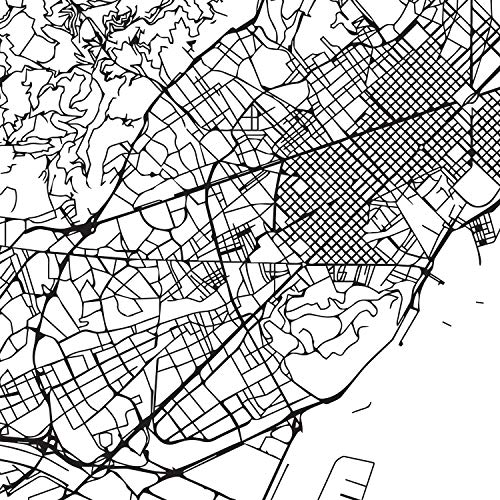 Lámina mapa de la ciudad Barcelona estilo nordico en blanco y negro. Poster tamaño A4 Sin marco Impreso papel 250 gr. Cuadros, láminas y posters para salon y dormitorio