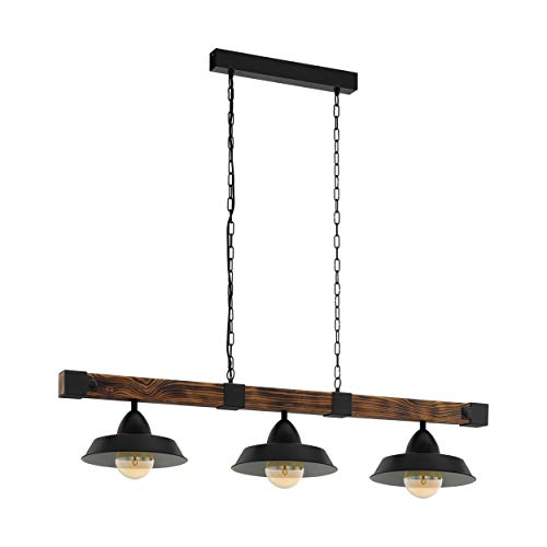 Lámpara colgante EGLO OLDBURY, lámpara de suspensión vintage con 3 bombillas de estilo industrial, lámpara colgada de acero y madera, color negro, marrón rústico, casquillo E27, L 118 cm