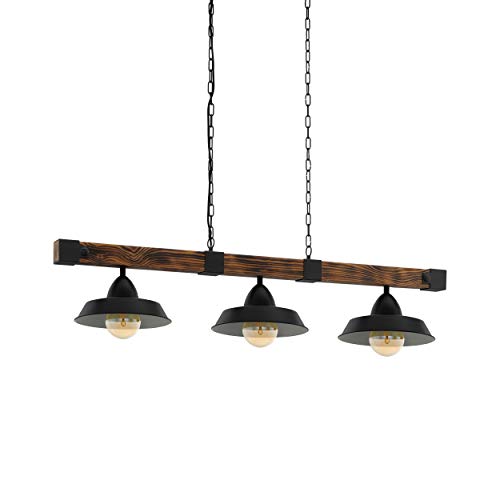 Lámpara colgante EGLO OLDBURY, lámpara de suspensión vintage con 3 bombillas de estilo industrial, lámpara colgada de acero y madera, color negro, marrón rústico, casquillo E27, L 118 cm