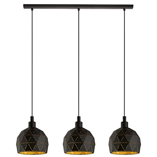 Lámpara colgante EGLO ROCCAFORTE, lámpara de suspensión con 3 bombillas, lámpara colgada de acero, color negro, dorado, casquillo E14