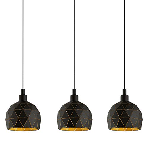 Lámpara colgante EGLO ROCCAFORTE, lámpara de suspensión con 3 bombillas, lámpara colgada de acero, color negro, dorado, casquillo E14