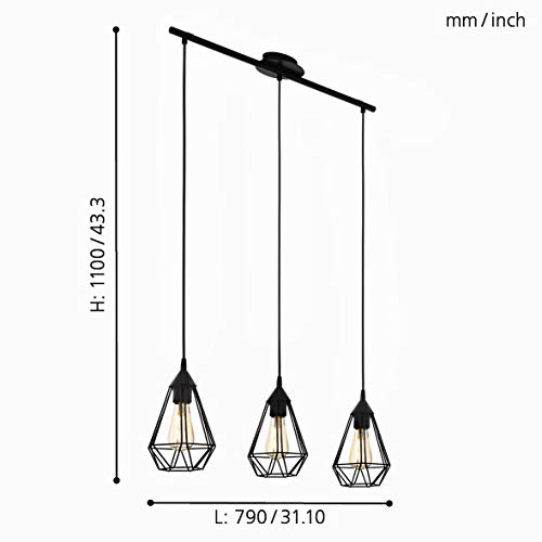 Lámpara de suspensión EGLO TARBES vintage en negro, lámpara colgada de comedor con 3 bombillas en estilo retro, lámpara suspendida de acero, lámpara colgante con casquillo E27