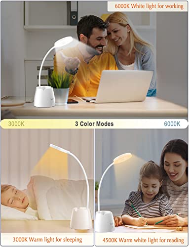 Lámpara Escritorio LED, Suuki Flexo LED Escritorio de Protección Ocular con Portalápices, Lámparas de Mesa Recargables Regulables- Blanca Plegable Luz Lectura (3 Modos de Luz, 3Niveles de Brillo)