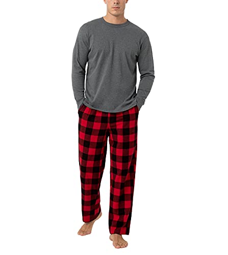 LAPASA - Pijama Hombre Invierno 100% Algodón Franela Pantalones a Cuadros Pijama Largo Camiseta y Pantalón de Pijama M79 S Gris+Negro&Rojo