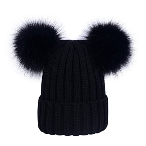 LAUSONS Sombreros para mujer de invierno - Gorros de punto con dos pompones de piel sintética de quita y pon Negro