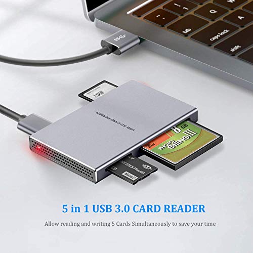 Lector de Tarjetas USB Súper Veloz, Lector de Tarjetas de Aluminio 5 en 1 USB 3.0 con Adaptador USB de Lectura Paralela para SD, CF, Micro SD, SDHC, SDXC, Micro SDHC, Micro SDHC, MS Pro, etc.