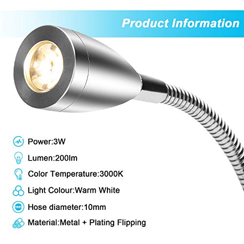 LEDMO Lámpara de lectura,luz de pared LED de 2 Piezas Rotación flexible de 360 ​​° Lámpara de lectura led AC 85-265V 3W Blanco Cálido 3000K Lámpara lectura In Aluminio