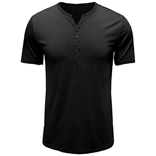 LEDONG Camiseta de cuello redondo y blusa sólida con botones de manga corta para verano, primavera, color botella, Negro , S