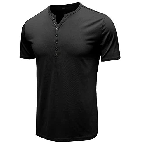 LEDONG Camiseta de cuello redondo y blusa sólida con botones de manga corta para verano, primavera, color botella, Negro , S