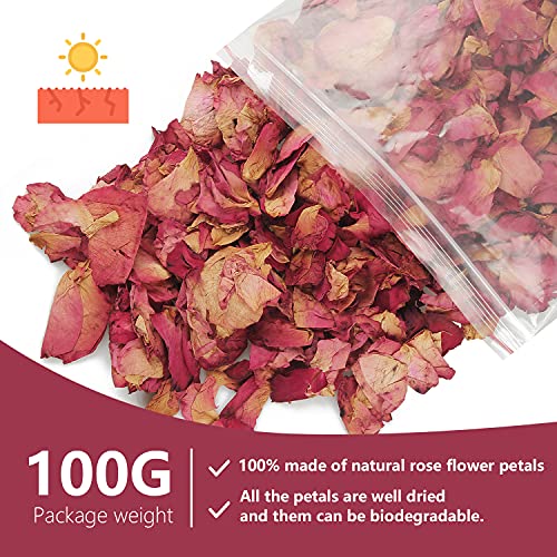 LEEQBCR 100g Pétalos de rosa secos naturales de pétalos de rosa roja para pies baño spa boda confeti casa fragancia manualidades accesorios