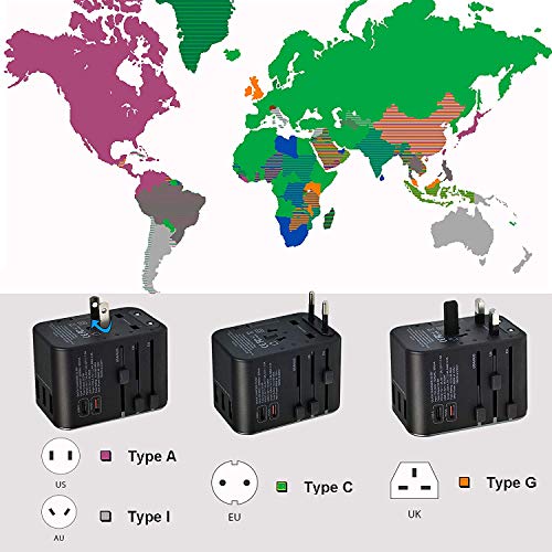 LEICKE Adaptador de Viaje Universal, Enchufe de Viaje Internacional, 6,5 A para 3 Conexiones USB A y 2 Tipo C para más de 224 países con enchufes de EE. UU. / UE / Reino Unido / AUS