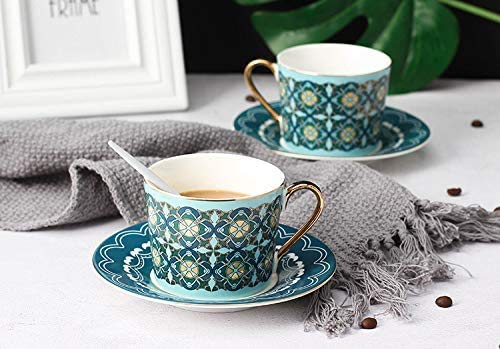 LEKOCH 200 ml de café de porcelana con una taza de café de 200 ml, un platillo de regalo y una taza de té para 2 personas. (Azul)