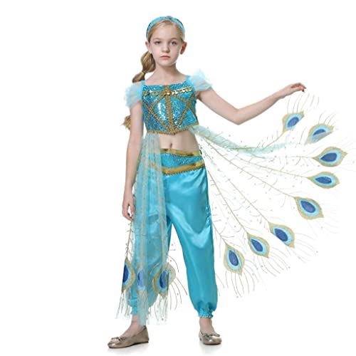 Lito Angels Disfraz Vestido de Princesa Jazmin para Niñas, Conjunto Top con Capa Tren de Pavo Real y Pantalones, Talla 9 a 10 años, Estilo G
