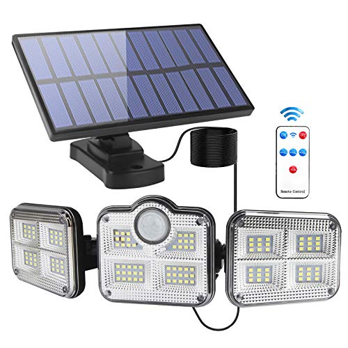 Luz Solar Exterior Interior - Foco Solar LED Exterior con Sensor de Movimiento: Luces Solares 3 Cabezales Ajustables 270° lluminación Impermeable Lámpara Solar con Control Remoto & Cable de 16.5 pies