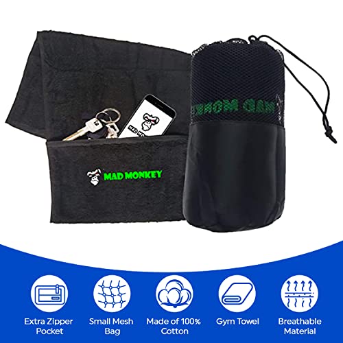 Mad Monky Premium Sports Fitness Gym - Toalla con bolsillo con cremallera y bolsa de malla