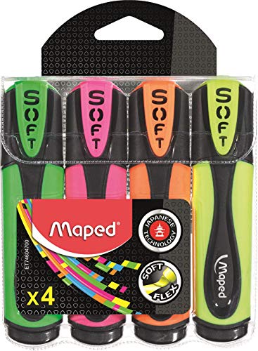 Maped 746047 suave marcadores (Pack de 4) amarillo, naranja, verde, rosa