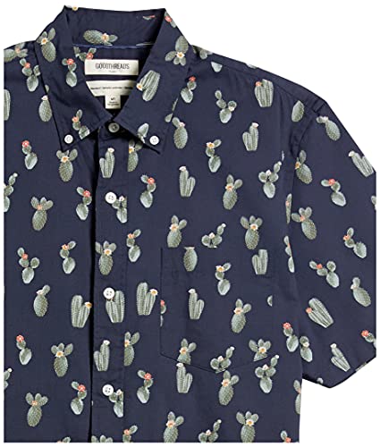 Marca Amazon – Goodthreads – Camisa estampada de manga corta de popelín y corte estándar para hombre, Navy Cactus Print, US S (EU S)
