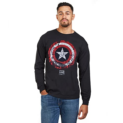 Marvel Capitán América Comic Shield Camiseta de Manga Larga, Negro, M para Hombre