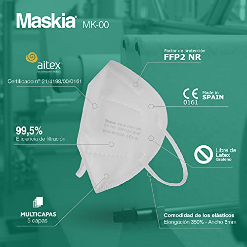 MASKIA Mascarilla FFP2. Packs 20, 50, 100 Homologadas CE 0161. Mascarilla FFP2 Blancas con Alta eficiencia Filtración de Partículas(99,5%), Packs Individuales Transpirables. LIBRES DE GRAFENO (100)