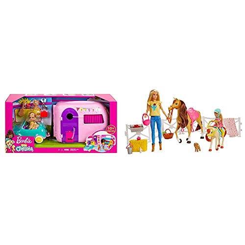 Mattel Barbie Chelsea Muñeca Y Su Caravana, con Perrito Y Accesorios + Barbie Muñecas Y Chelsea con Caballos Y Accesorios, Regalo para Niñas Y Niños 3-9 Años Embalaje Sostenible