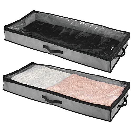 mDesign Juego de 2 cajas bajo cama – Cajón para debajo de la cama con tapa transparente para guardar sábanas o calzado sin polvo – Organizador de ropa para guardar bajo la cama – gris oscuro/negro