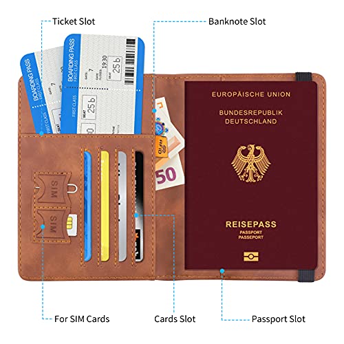 MELLIEX Funda Pasaporte Piel y Etiquetas de Equipaje, RFID Bloqueo Passport Holder Marrón Cartera de Pasaporte para Viajes para Mujeres y Hombres