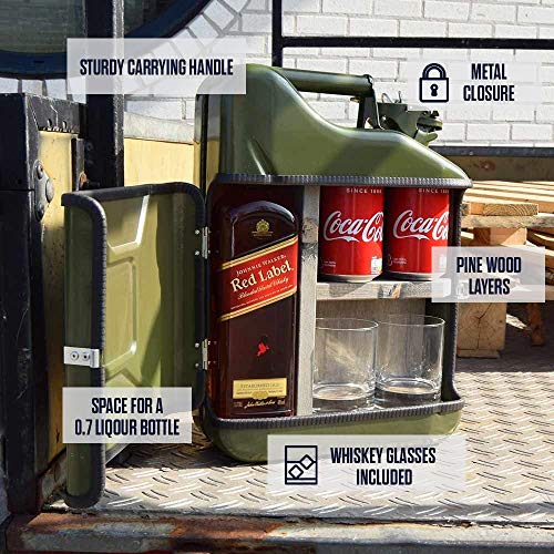 Mikamax – Jerrycan Set de Regalo – Canister –Whiskey Bar - Bidon – 10L – Negro- con Dos Vasos de Whisky - 39 x 29 x 13 cm