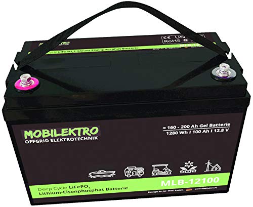 MOBILEKTRO® Batería de litio LiFePO4, 100 Ah, 12 V, 1280 Wh, con BMS - EQ 160 Ah - 200 Ah AGM o GEL para autocaravanas, barcos, camping o instalaciones solares