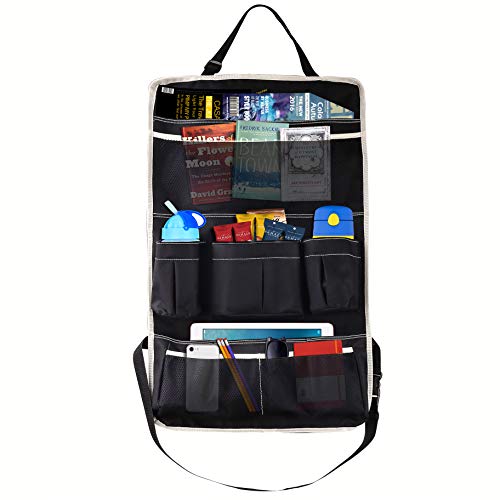 MoKo Multi-Pocket Car Backseat Organizador, Kick Mat Asiento de Respaldo de la Espalda, Plegable de Viaje Bolsa/Libro/Caja de Tejido/Juguetes (Negro y Beige)