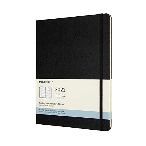 Moleskine - Agenda Mensual 2022, Agenda de 12 Meses, un Mes por Página, Tapa Dura, Tamaño XL de 19 x 25 cm, Color Negro, 128 Páginas