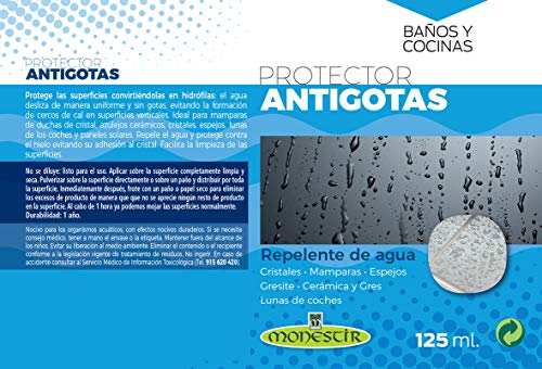 MONESTIR Protector ANTIGOTAS Repelente de Agua Cristales, mamparas, Espejos (125 ML)