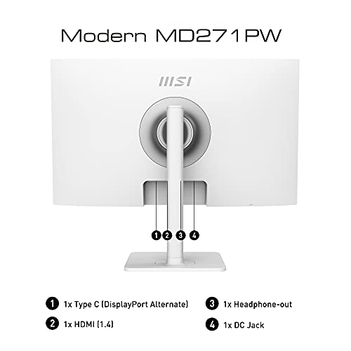 MSI Modern MD271PW - Monitor Business 27” Full HD - Panel IPS 1920 x 1080, 75Hz, Características Pro Confort Visual, Soporte Ajustable 4 Posiciones, Montaje VESA, Puertos USB tipo C y HDMI - Blanco