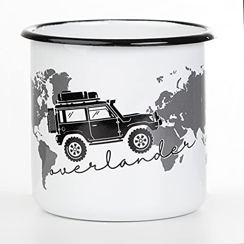 Mugsy Taza esmaltada con texto "I Drive Travel Explore Overlander, Offroad Diseño & Mapamundi blanco, taza exterior con texto I 330 ml