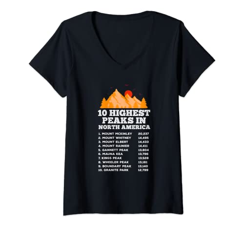 Mujer Los 10 picos más altos de América del Norte Mountain Explorer Hiking Camiseta Cuello V