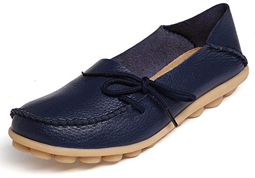 Mujer Mocasines de Cuero Moda Loafers Casual Zapatos de Conducción Cómodos Zapatillas del Barco Planos Sandalias para Caminar, A Azul Oscuro, 43 EU
