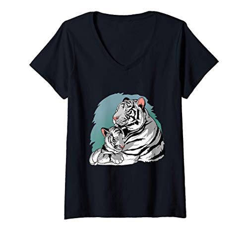 Mujer Tigre blanco y cachorro de gato grande Camiseta Cuello V