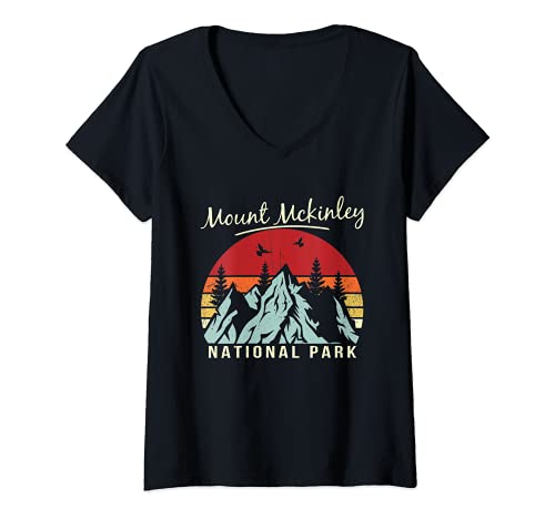 Mujer Vintage Retro Senderismo Camping Monte Parque Nacional Mckinley Camiseta Cuello V