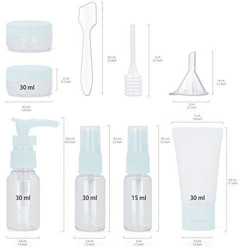MyGadget Botes para Viaje - Set Botellas de Plástico Transparentes par Avion para Cosméticos Líquidos - Dispensador de Equipaje de Mano - Tapa Azul