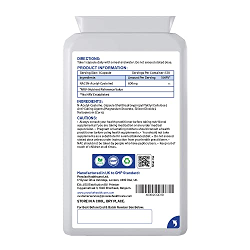 NAC N-Acetil-Cisteína 600 mg 120 cápsulas - Fabricado en el Reino Unido | Estándares GMP de Prowise Healthcare | Apto para vegetarianos y veganos.
