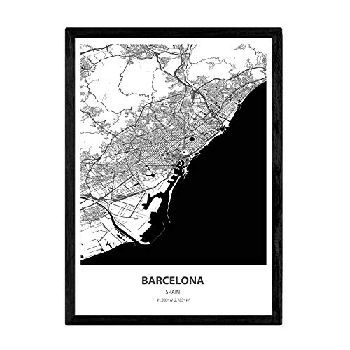Nacnic Poster con mapa de Barcelona - España. Láminas de ciudades de España con mares y ríos en color negro. Tamaño A3