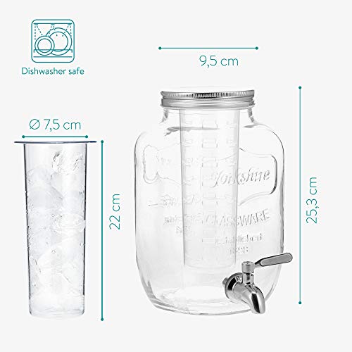 Navaris Dispensador de Bebidas con Grifo - Recipiente de Cristal de 4 L - Bidón de Vidrio con dosificador de Metal - Garrafa de Agua con 2X Filtro