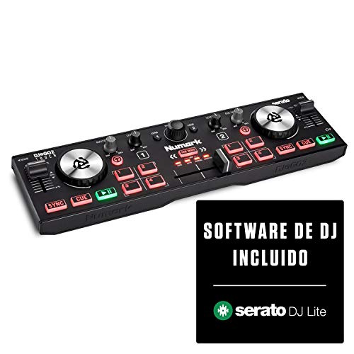 Numark DJ2GO2 Touch - Controlador DJ USB compacto de 2 canales para Serato DJ con mezclador / crossfader, interfaz de audio y jog wheels de sensibilidad táctil