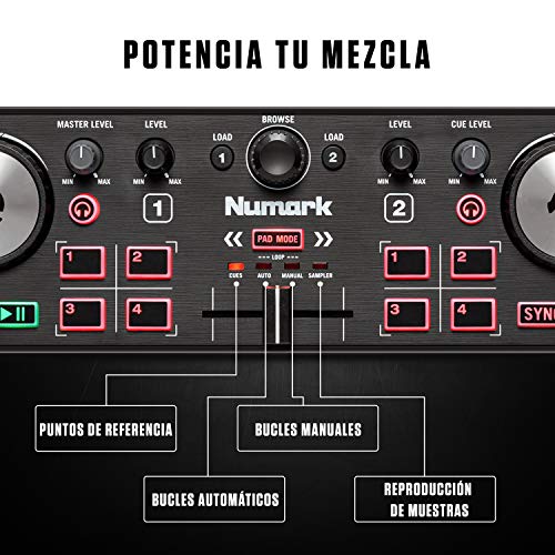 Numark DJ2GO2 Touch - Controlador DJ USB compacto de 2 canales para Serato DJ con mezclador / crossfader, interfaz de audio y jog wheels de sensibilidad táctil
