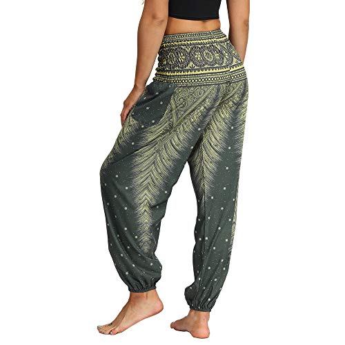 Nuofengkudu Mujer Hippies Pantalones Harem Tailandeses Boho Estampados Bolsillos Cintura Alta Baggy Yoga Pants Verano Playa Fiesta (Verde B,Talla única)