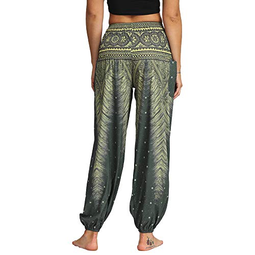 Nuofengkudu Mujer Hippies Pantalones Harem Tailandeses Boho Estampados Bolsillos Cintura Alta Baggy Yoga Pants Verano Playa Fiesta (Verde B,Talla única)