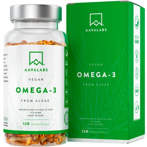 Omega 3 Vegano AAVALABS [ 1100 mg ] - de Aceite de Algas de Origen Vegetal Sostenible 600 mg DHA + 300 mg EPA por Dosis Diaria - Pureza Nórdica - 100% Vegano - 120 Cápsulas Blandas