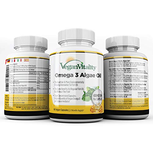 Omega 3 Vegano Aceite de algas de Vegan Vitality: 400mg de DHA por cápsula. 60 cápsulas, 2 meses de suministro. Vitaminas vegetarianas puras a base de plantas